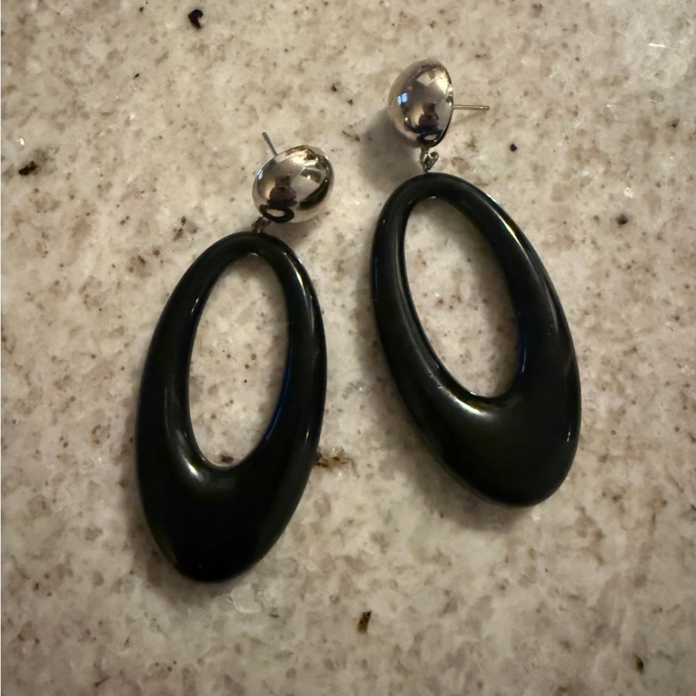 Black dangle statement oval earrings